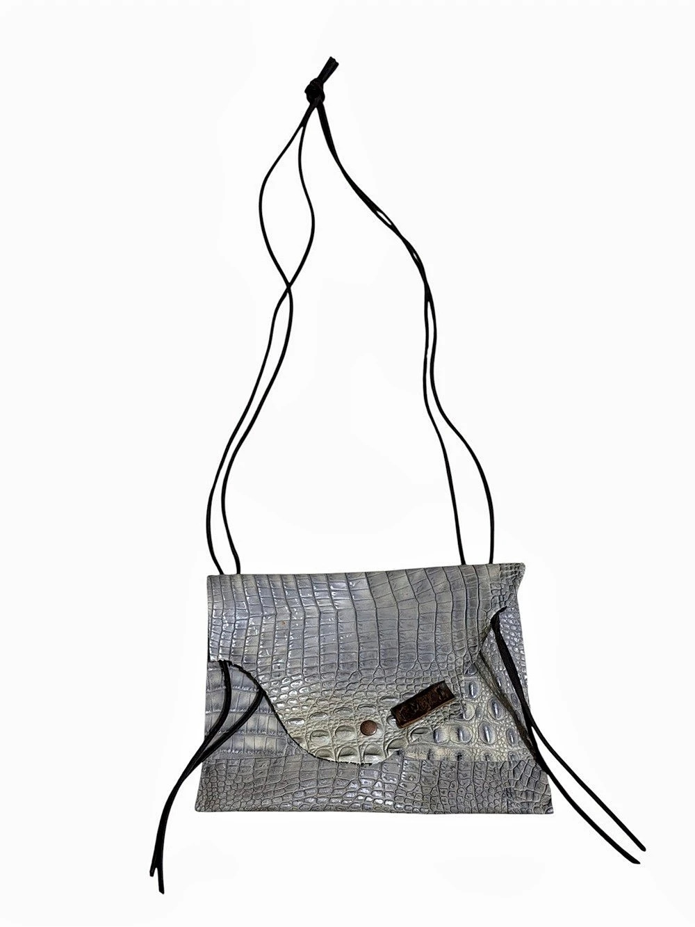 Handmade Genuine Leather Croc Embossed Crossbody Bag Envelope Style Gray Silver